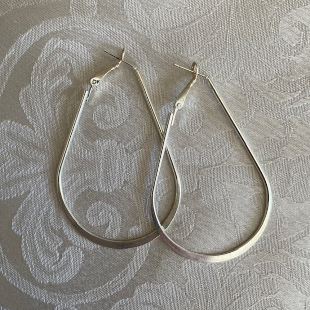 Large Teardrop Oval Silver Hoop Earrings